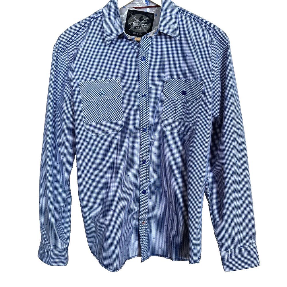 Drill Clothing Co. Shirt Men's S Blue White Gingham Cotton Long Sleeve Button Up